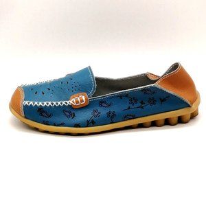 Venus Celia Womens Loafer Blue‎ Tan Leather Slip On Square Toe Flat Heel 7